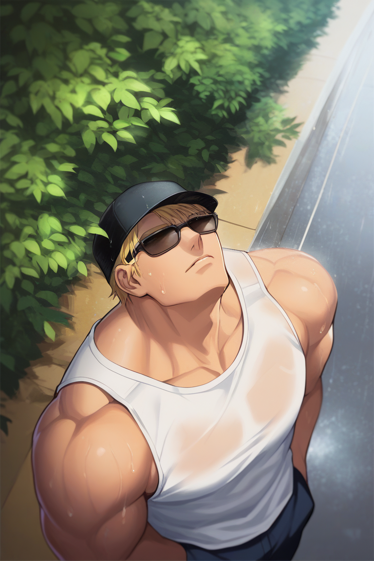 score_9, score_8_up, score_7_up, source_anime, rating_questionable, realistic shading, natural lighting, male focus, looking away, looking up, expressive face, stillkof, black_stillkof_hat, blonde_stillkof_short hair, black_stillkof_sunglasses, closed eyes, 1boy, cowboy shot, collar bone, summer theme, hands in pocket, tank top, shorts, cosplay, wet clothes, wet hair, water droplet on face, outdoors, raining, sunshower, sunny, road, bush, shadow, from above, dutch angle dynamic angle, intricately detailed illustration, depth of field, atmospheric perspective, masterpiece, best quality, amazing quality, very aesthetic, absurdres, newest, anime screencap
