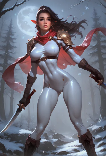 score_9, score_8_up, score_7_up, heavily upvoted, very very very realistic, fully clothed. painting of sexy 8 k, sfw version, 1girl, solo, araffe posing, mid body close up, my pov amazing angle, entire subject visible, ultra realistic elf thief warrior girl, beautiful young woman, hourglass figure, 90 60 90, tight white bodysuit, red scarf, combat boots, carrying two knives, brunette ponytail