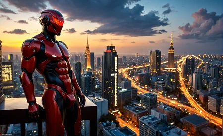 score_9,score_8_up,score_7_up,a giant,powerful mecha suit,ready to face a challenging enemy in the midst of a futuristic battle,<lora:skyline:1>,sky,city,lights,night,building,tower,scenery,bidge,architecture,cityscape,skyline,outdoors,skyscraper,background,street,humans,river,cloud,painting,tree,water,, a photo portrait of prompt . ,(hyperrealism:1.2), (8K UHD:1.2), (photorealistic:1.2), shot with Canon EOS 5D Mark IV, (deep depth of field), exquisite details and textures, dynamic pose, narrow aperture,