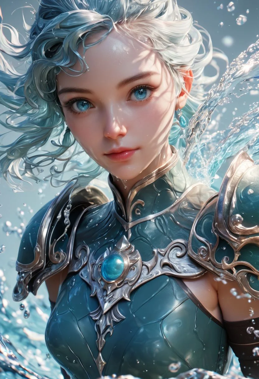 score_9, score_8_up, score_7_up, water mounain background, 1girl, mature, small breast, water armor, water, water hair, wateraround, water eyes, water skin, realistic skin texture, detailed picture, HD32k, SFW