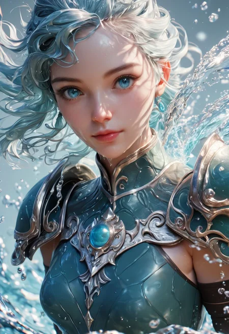 score_9, score_8_up, score_7_up, water mounain background, 1girl, mature, small breast, water armor, water, water hair, wateraround, water eyes, water skin, realistic skin texture, detailed picture, HD32k, SFW