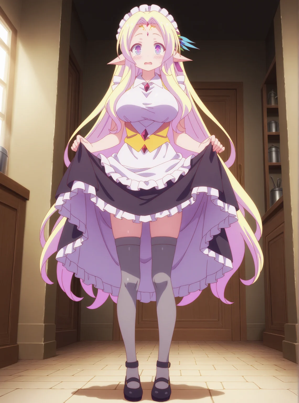 best quality,amazing quality,<lora:Fiel Nirvalen:1>,fiel nirvalen,maid,thighhighs,skirt lift,full body,