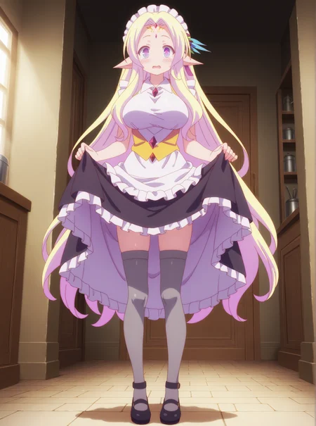 best quality,amazing quality,<lora:Fiel Nirvalen:1>,fiel nirvalen,maid,thighhighs,skirt lift,full body,