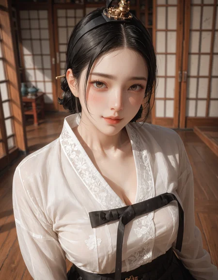 score_9, score_8_up, score_7_up, score_6_up, score_9, score_8_up, score_7_up, score_6_up, anime, cartoon, from above, 1girl, white hanbok, black ribbon, black skirt, (cleavage:0.8), large breasts, blushing, naughty face, indoors, looking at viewer, at night, japanese traditional architecture, at night, dramatic lighting, very clear image, detailed face, detailed character design, ultra-high resolution, perfectly composed, clear, breathtaking attention to detail, highres, ultra detail, 8k wallpaper,