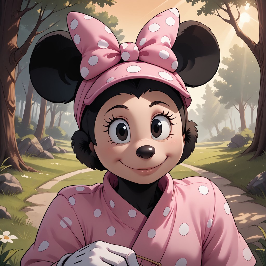 score_9, score_8, BREAK, solo, Minnie Mouse, Mouse ears, thin black mouse tail, black fur, white gloves, pink bow with white polka dots on head, black eyes, long eyelashes, black nose, black fur body, cream color face, sexy pose, self portrait, smile, outdoors, sunlight, shadows, evening lighting, natural lighting, forest, trees, grass, orange sky, sunset