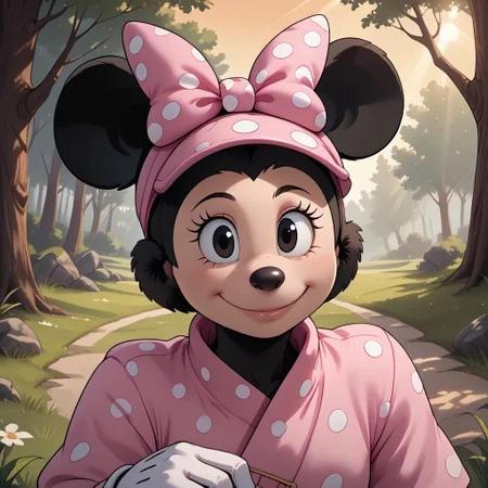 score_9, score_8, BREAK, solo, Minnie Mouse, Mouse ears, thin black mouse tail, black fur, white gloves, pink bow with white polka dots on head, black eyes, long eyelashes, black nose, black fur body, cream color face, sexy pose, self portrait, smile, outdoors, sunlight, shadows, evening lighting, natural lighting, forest, trees, grass, orange sky, sunset