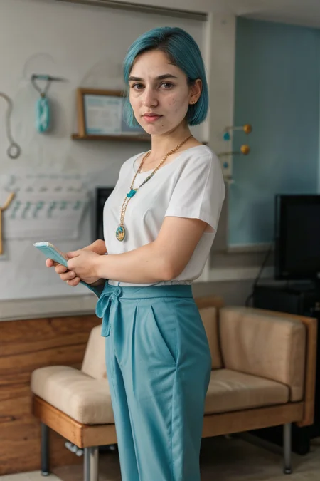<lora:LCM_LoRA_Weights_SD15:1>,<lora:detail_slider_v4:1.2>,(angelic doctor) 27year old adult woman,Thigh Gap:1.3, normal body build, medium blue Hairs, wavy down haircut, (earrings:1.2),(necklace:1.2),(freckles:0.8), thai, albino skin, wearing a medical uniform top, tailored pants, comfortable medical shoes, holding a clipboard,medical badge, set in doctor office, Waiting Room, Cozy area with rows of chairs along the walls, a water dispenser with disposable cups on a stand, a small people's play area with toys and books, soothing artwork adorning the walls, a television mounted in one corner playing health-related programming ,(full body:1.3),(full shot:1.3),(wide shot:1.3),(full body portrait:1.3),from the side:1.1,Cinematic photography, movie mood, cinematic light, compelling composition, storytelling elements, conveys emotion, mood, and narrative depth, creating visually striking images that feel like still frames from a film,