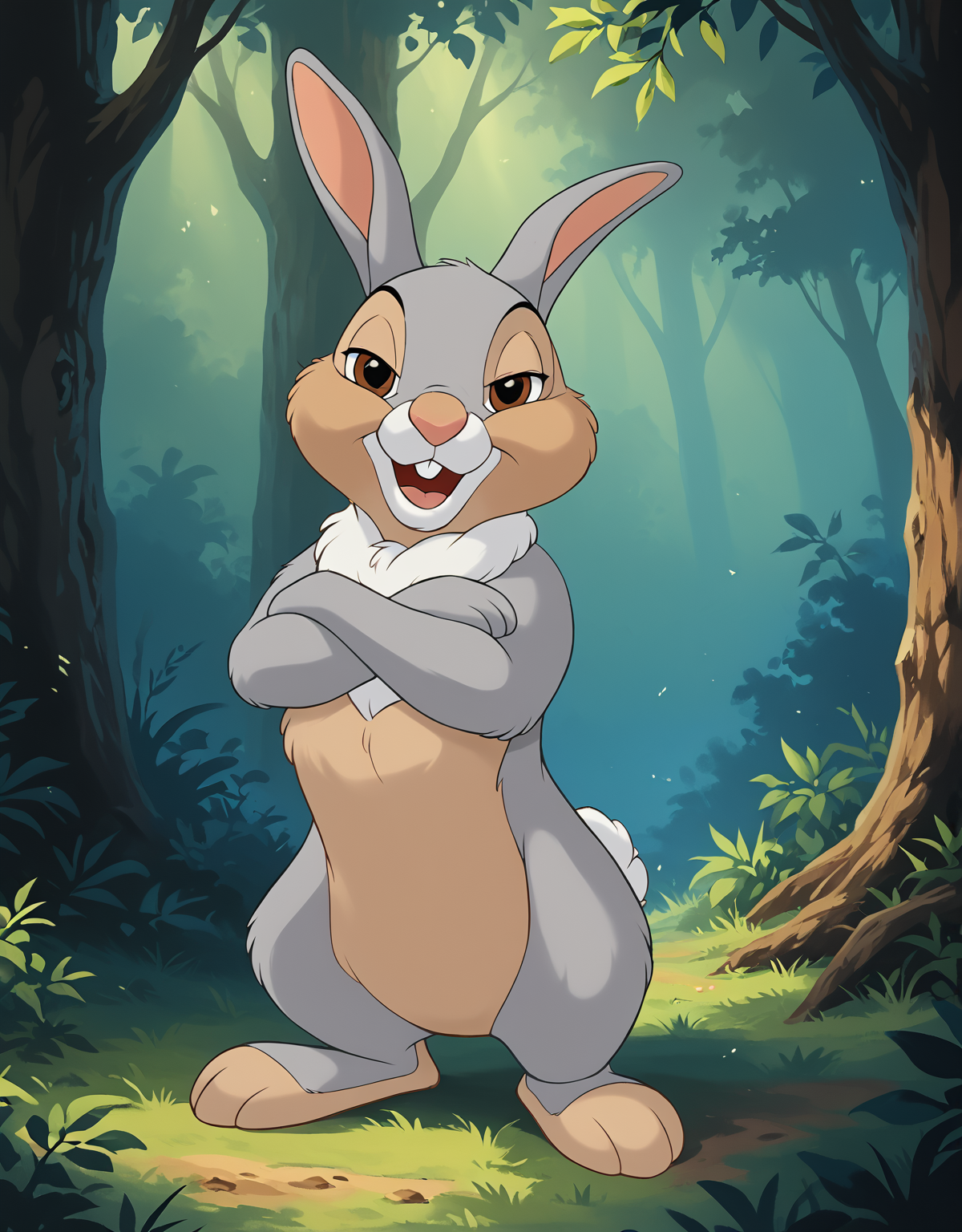 <lora:J_cartoon:0.8>, j_cartoon, <lora:ThumperXL:0.9>, thumper, score_9, score_8_up, score_8, Disney, solo, feral, male, ((small body proportions)), ((small)), ((short)), detailed fur, (gray fur), (mouth open), ((rabbit teeth)), pink nose, (tongue out), (hazel eyes), (((gray eyelids))), ((half-closed eyes)), ((looking at viewer)), breathtaking, cute, environmental lighting, award-winning, professional, highly detailed, ((detailed shaders)), adorasexy, beautiful, high quality, outdoors, forest, ((standing)), ((raised foot)), ((arms crossed)), ((three toes)), <lora:Furtastic_Detailer:1>,