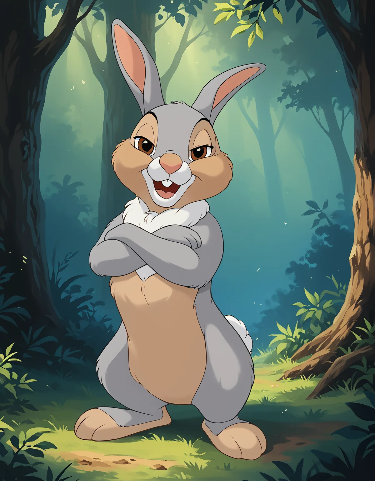<lora:J_cartoon:0.8>, j_cartoon, <lora:ThumperXL:0.9>, thumper, score_9, score_8_up, score_8, Disney, solo, feral, male, ((small body proportions)), ((small)), ((short)), detailed fur, (gray fur), (mouth open), ((rabbit teeth)), pink nose, (tongue out), (hazel eyes), (((gray eyelids))), ((half-closed eyes)), ((looking at viewer)), breathtaking, cute, environmental lighting, award-winning, professional, highly detailed, ((detailed shaders)), adorasexy, beautiful, high quality, outdoors, forest, ((standing)), ((raised foot)), ((arms crossed)), ((three toes)), <lora:Furtastic_Detailer:1>,