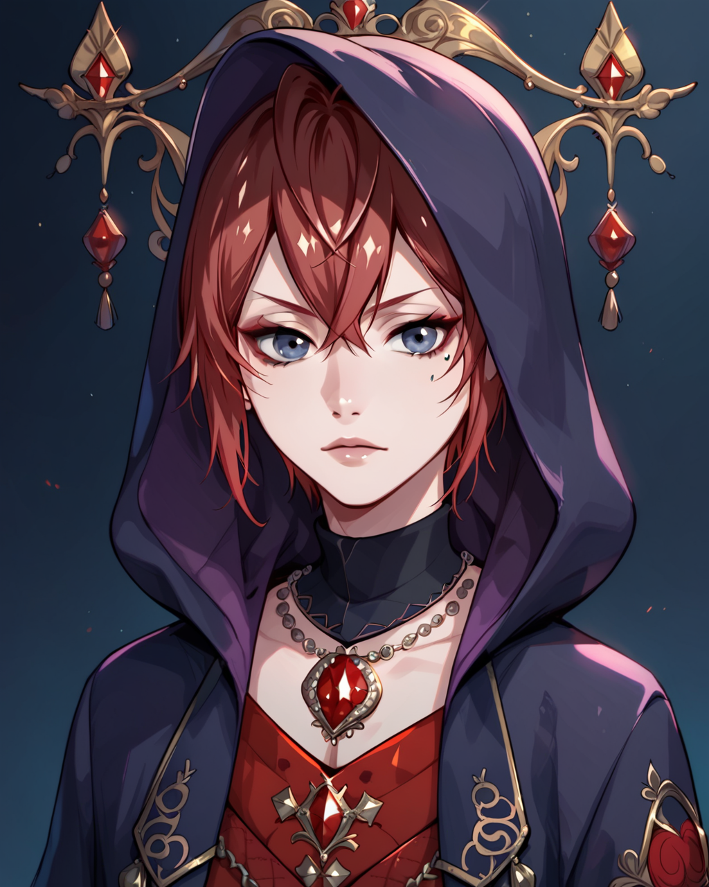 <lora:Riddle RoseheartsPDXL_v1:1>Riddle RoseheartsPDXL, solo, looking at viewer, Ceremonial attire, dark purple hood up, shirt,, <lora:princess_xl_v2:0.8><lora:g0th1cPXL:0.3> g0th1cpxl<lora:Expressive_H:0.8> ExpressiveH<lora:NAI Smooth Boys Style SDXL_LoRA_20r_20e_8i_nr32_a16_Pony Diffusion V6 XL:0.8> score_9, score_8_up, score_7_up,
