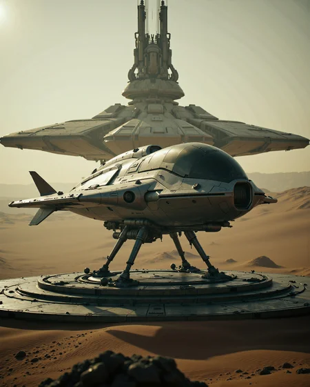 in the style of cksx,
science fiction scene likely from a science fiction movie like Prometheus or Dune with a drone ckspaceship landing on a platform as the main focal point.