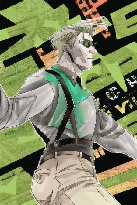 masterpiece, best quality, absurdres, NanamiBase, left eye patch, healed burn scars on the left side of his face, lines from cyberpunk prosthetics, green eye, blue shirt, collared shirt, suspenders, suspender pistol holster, grey pants, neon light, cyberpunk city background <lora:CHAR-KentoNanami:1>