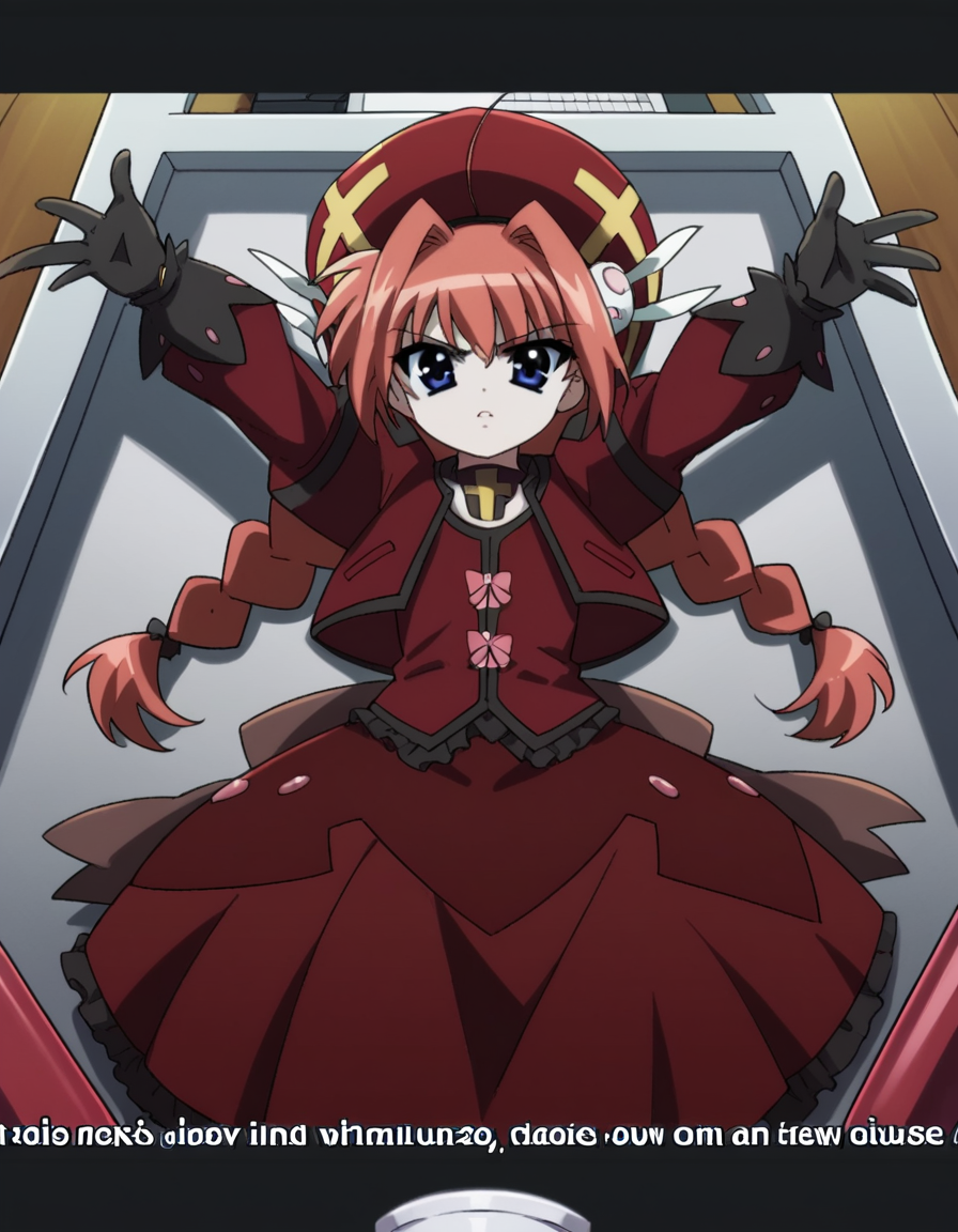 score_9, score_8_up, score_7_up, source_anime, <lora:vita-movie2-ponyxl-lora-nochekaiser:1>, vita, blue eyes, braid, ahoge, red hair, twin braids, rabbit hair ornament,, gloves, hat, dress, weapon, open clothes, open jacket, magical girl, red dress, cropped jacket, hammer,, home office, working from home, computer screen, coffee cup, focus, deadline, , , on back, arm support, arms up, incoming hug, pov, reaching, reaching towards viewer,, solo,, dutch angle,