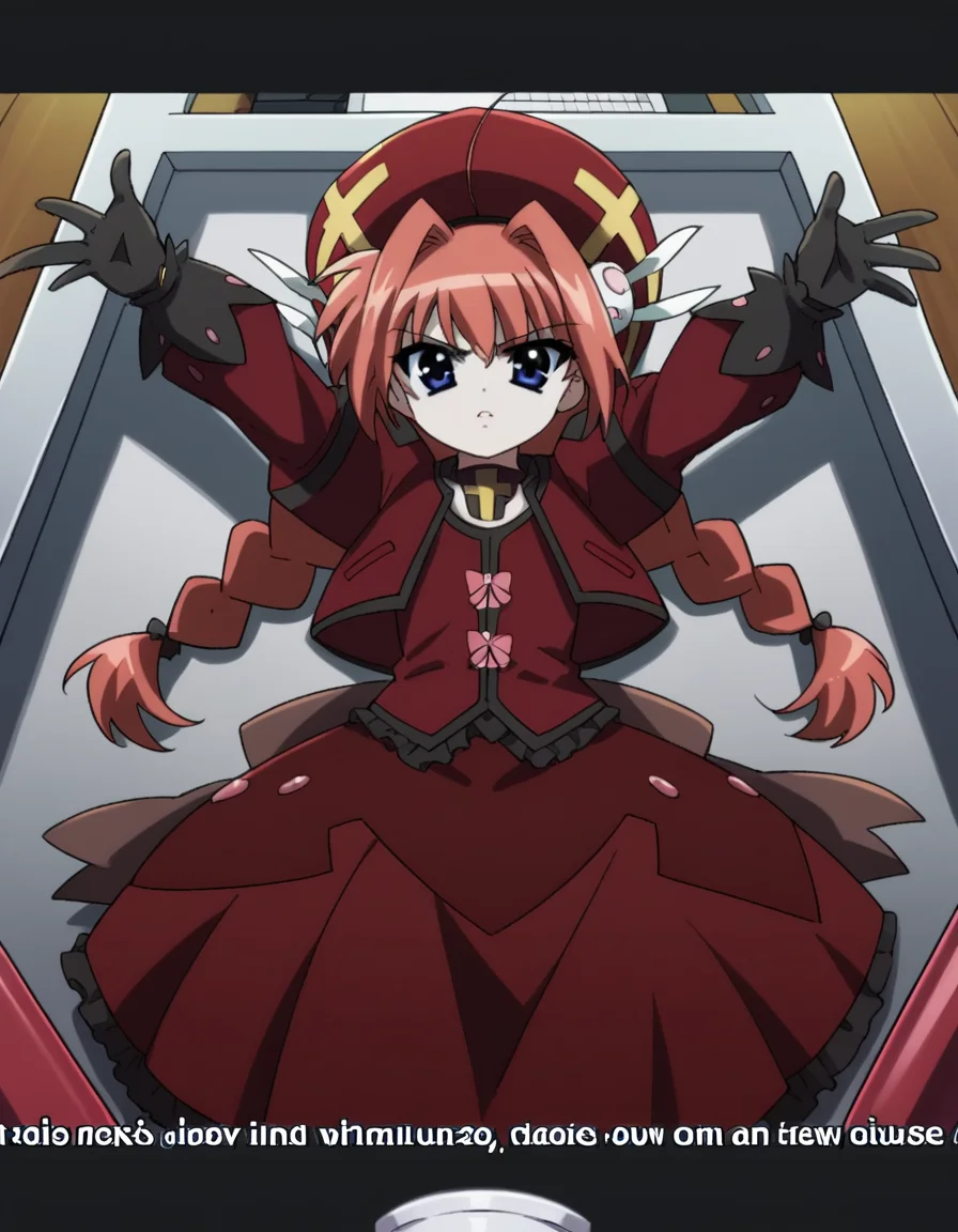 score_9, score_8_up, score_7_up, source_anime, <lora:vita-movie2-ponyxl-lora-nochekaiser:1>, vita, blue eyes, braid, ahoge, red hair, twin braids, rabbit hair ornament,, gloves, hat, dress, weapon, open clothes, open jacket, magical girl, red dress, cropped jacket, hammer,, home office, working from home, computer screen, coffee cup, focus, deadline, , , on back, arm support, arms up, incoming hug, pov, reaching, reaching towards viewer,, solo,, dutch angle,
