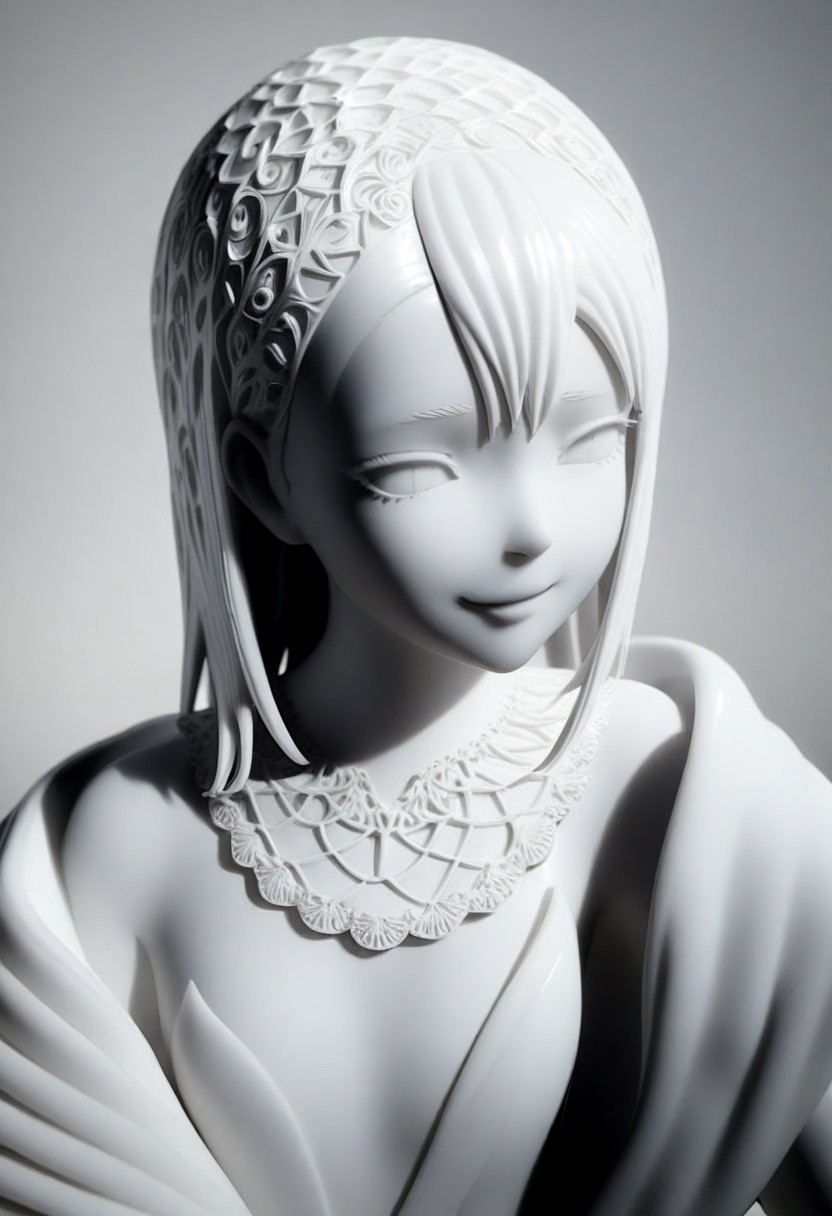whitemold,3d printed mold,art style,greyscale,monochrome, 1girl, Nagatoro_Hayase, 3d_printed_ceramic_statue, delicate_shading, soft_light_glow, intricate_lace_patterns, realistic_porcelain_effect, gentle_smile, shy_expression, elegant_pose