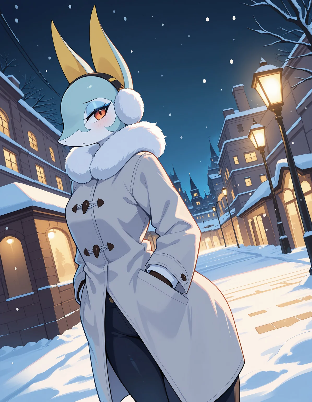 masterpiece, best quality, amazing quality, very detailed, newest, no humans, solo, wnsrpr, pokemon \(creature\), multicolored body, 1girl, long jacket, pants, earmuffs, elegant, light blue eyeshadow, night, streetlights, snow, looking at viewer, cinematic lighting, dynamic angle, dynamic pose, cowboy shot, <lora:8d51fa88-56e5-4ec5-a0e9-6b0d9ccf3695:0.8>