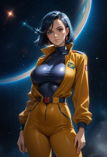 Gundam_00_Style, (Style: Gundam_00), Artist Style:urushihara_satoshi, score_9, score_8_up, score_7_up, ((rating:PG13)), (absurdres), 1girl, 20 year old woman, mobile_suit pilot, ((skintight)), ((jumpsuit)), large breasts, large ass, tiny waist, navel, sweaty, steam, looking at viewer, solo focus, seductive, horny, sexy, detailed eyes,
space station, space, light filtering, light particles, starry background