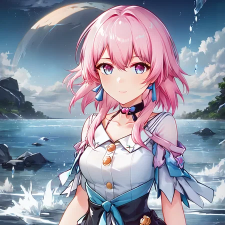detailed anime style,a cute girl standing in water,pink hair,march_7th_(HONKAI_STAR RAIL),<lora:march_7th_(HONKAI_STAR RAIL):1>,