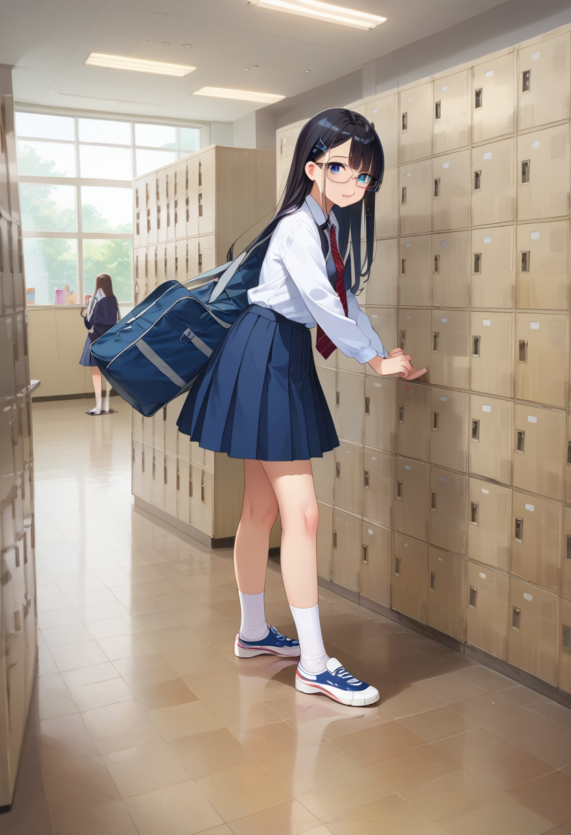 score_9, score_8_up, score_7_up, rating_safe, masterpiece, best quality, absurdres, unity 8k wallpaper, official art, official style, source_anime, uncensored, game cg, megami magazine,
multiple girls, glasses, black hair, long hair, blue eyes, collared shirt, red necktie, pleated skirt, blue skirt, socks, shoes, school bag,
getabako, locker, indoors, school, 
 <lora:gakkou_getabako_PONY_V1:1>