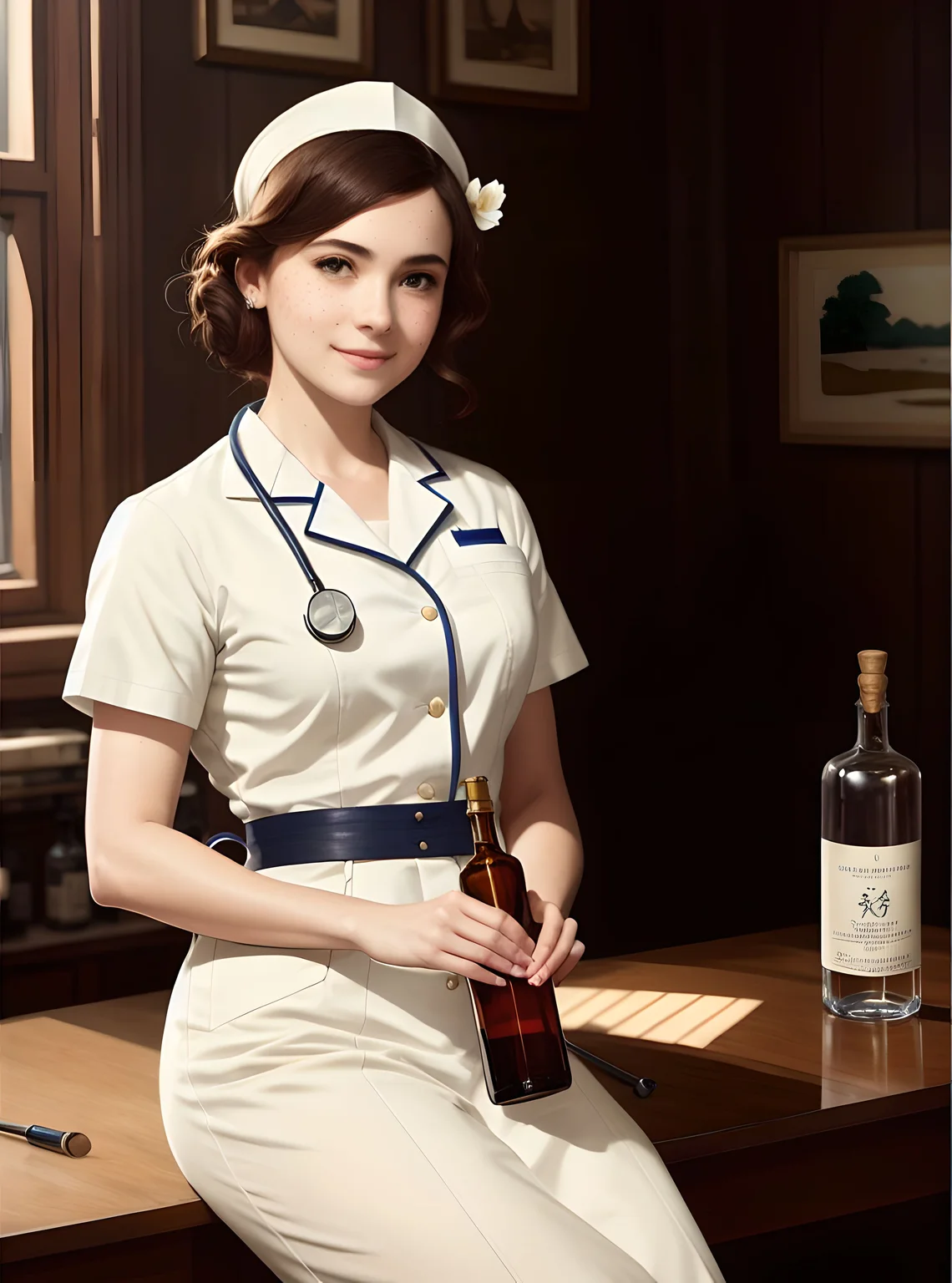 full shot body photo of the most beautiful artwork in the world featuring ww2 nurse holding a liquor bottle sitting on a desk nearby, smiling, freckles, white outfit, nostalgia, sexy, stethoscope, heart professional majestic oil painting by Ed Blinkey, Atey Ghailan, Studio Ghibli, by Jeremy Mann, Greg Manchess, Antonio Moro, trending on ArtStation, trending on CGSociety, Intricate, High Detail, Sharp focus, dramatic, photorealistic painting art by midjourney and greg rutkowski