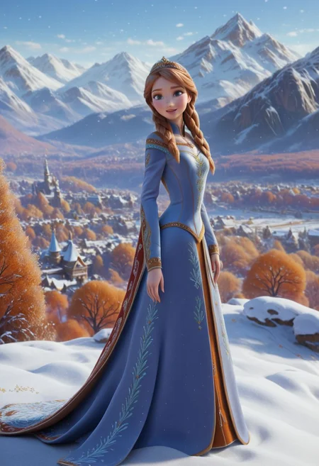 Realistic, , Anna, original style, automn princess dress, majestic, perfect slender body, looking the snowy mountains, front view, high angle, dynamic pose