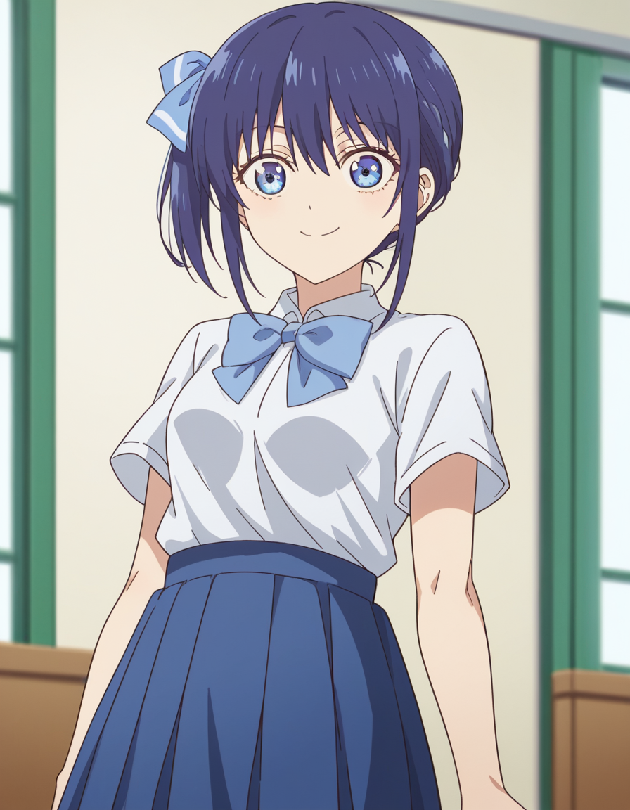 score_9, score_8_up, score_7_up, source_anime, <lora:nagisa-minase-s2-ponyxl-lora-nochekaiser:1>, nagisa minase, bangs, blue eyes, blue hair, hair ribbon, side ponytail,, skirt, shirt, bow, school uniform, white shirt, short sleeves, pleated skirt, bowtie, blue skirt,, indoors, smile, looking at viewer, solo,, cowboy shot, dutch angle