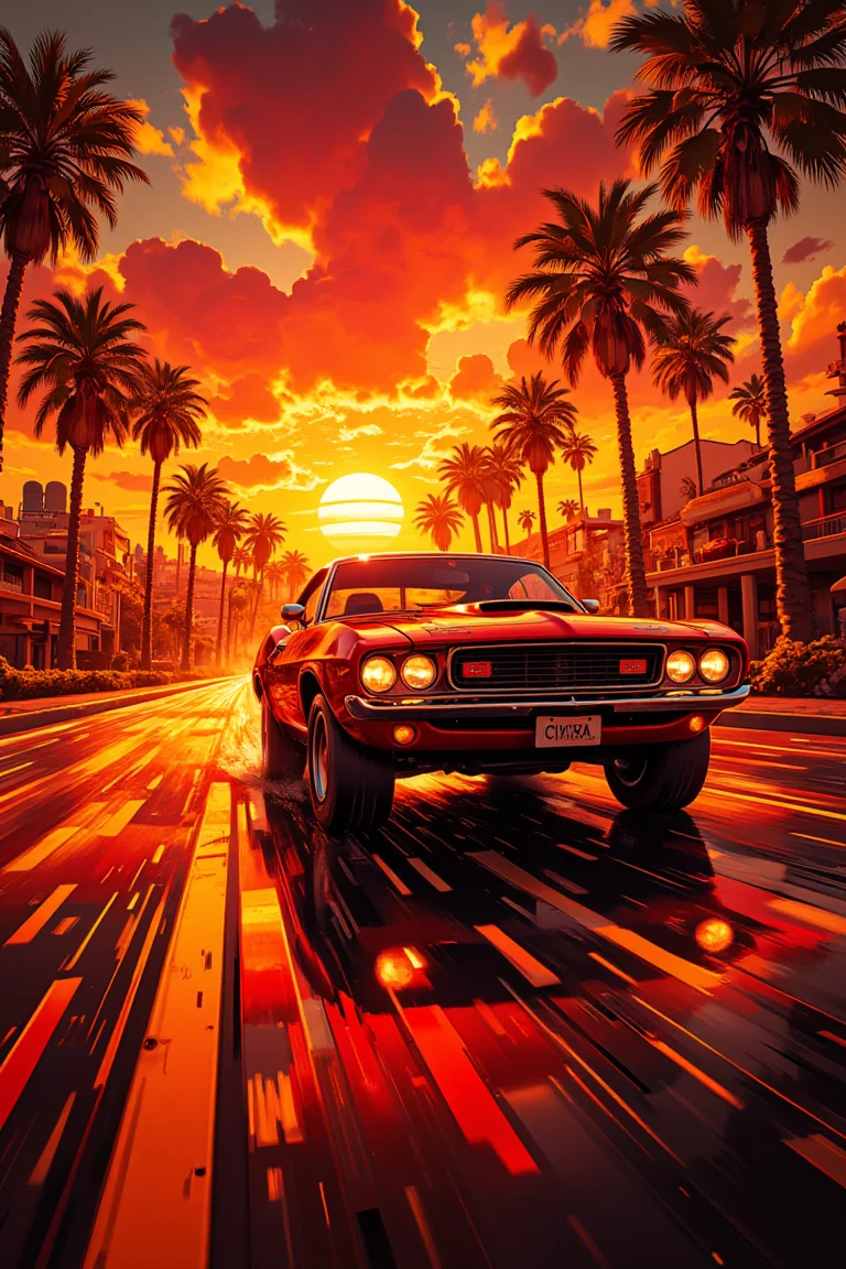 pinhole photography. Dutch angle cinematic shot of a cherry red muscle car from the 1970s cruising at speed onto a majestic reddish sunset. The road reflects the bright orangish glow of the sun on the drenched asphalt, and palm trees line its sides. Bright yellows and reds reflect on the car's body and highlight its fast moving silhouette. Pinkish clouds adorn the vast expanse of the horizon, creating depth and perspective in this energetic composition. The car's license plate has the text "CIVITAI".