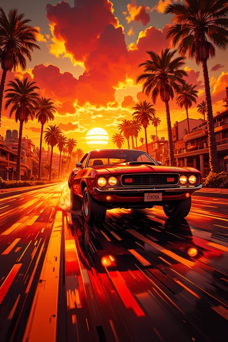 pinhole photography. Dutch angle cinematic shot of a cherry red muscle car from the 1970s cruising at speed onto a majestic reddish sunset. The road reflects the bright orangish glow of the sun on the drenched asphalt, and palm trees line its sides. Bright yellows and reds reflect on the car's body and highlight its fast moving silhouette. Pinkish clouds adorn the vast expanse of the horizon, creating depth and perspective in this energetic composition. The car's license plate has the text "CIVITAI".