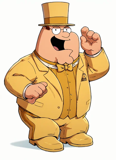 Peter, hat, smile, open mouth,, brown hair, glasses, fat, gold suit, top hat, gold shoes,score_9, score_8_up, score_7_up, score_6_up, score_5_up, score_4_up,looking at viewer, white background,standing, hand up, <lora:PeterGriffinPony1.0 (1):1>