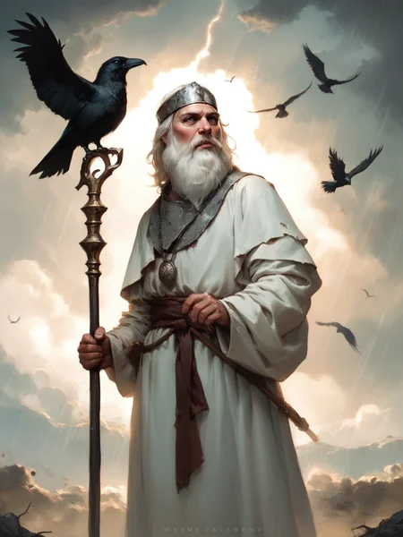 cowboy shot of old slavic wizard, white hair, beard, white tabard, holding staff, crow, storm, clouds, realistic, fantasy <lora:sxz-Slavic-Fantasy-pdxl:0.75>, BREAK, score_8_up, score_7_up