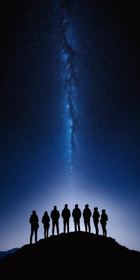 <lora:HMSGåªå½±XL-000001:0.8>,Group of people standing,silhouette,mountain top,starry night sky,mysterious,majestic,surrealism style,high contrast,high definition photography,black and deep blue colors,