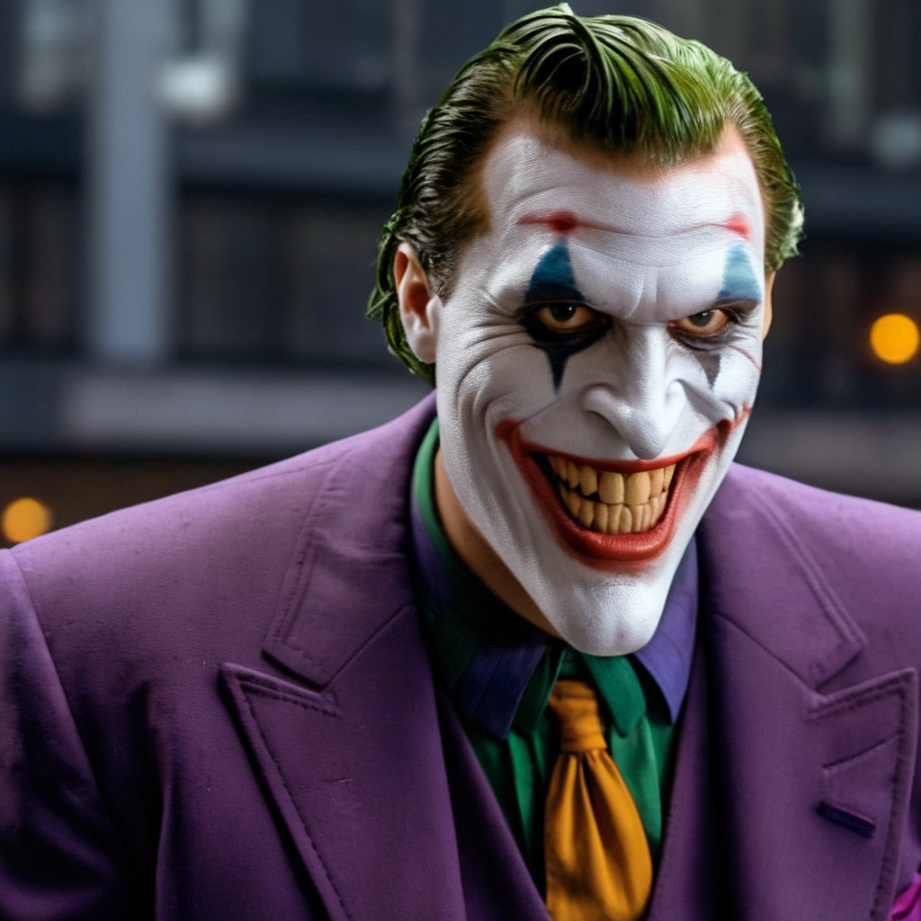 Hyperrealistic art of  <lora:Joker:1.5>
The Joker with a purple suit and tie in Gotham city universe, Extremely high-resolution details, photographic, realism pushed to extreme, fine texture, incredibly lifelike