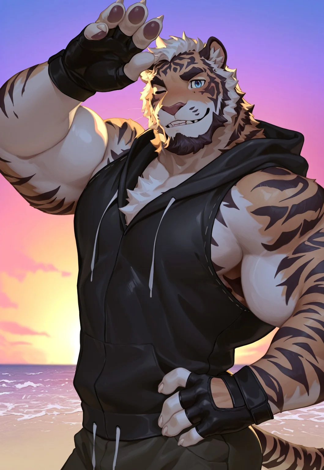 best quality,newest,masterpiece,absurdres,highres,safe,male furry,bara,Muscles,perfect anatomy,huge biceps,handsome,solo,safe,SFW,(masterpiece, best),SmoothNoob_Quality,furry,solo,
muscular male,
, close up, reaching,upper body, sunset, (sleeveless hoodie), looking at viewer, close up, beach, Three-quarters view, nice eyes, eyes, muscular,
,nu119h05t2,
reaching hands, (5 fingers), (blush:0.7), inviting, invite, (tail), nice hands,
, felid, mammal, pantherine, tiger, chest tuft, facial hair, fur,stripes, striped fur, striped body, detailed eyes, nice eyes, (teeth:0.8, nice teeth:0.8), black and white body, black body, white body, black fur, white fur, (fingerless gloves:1.4), beard,closed one eye, hand on hip, blue eyes, (pawpads),