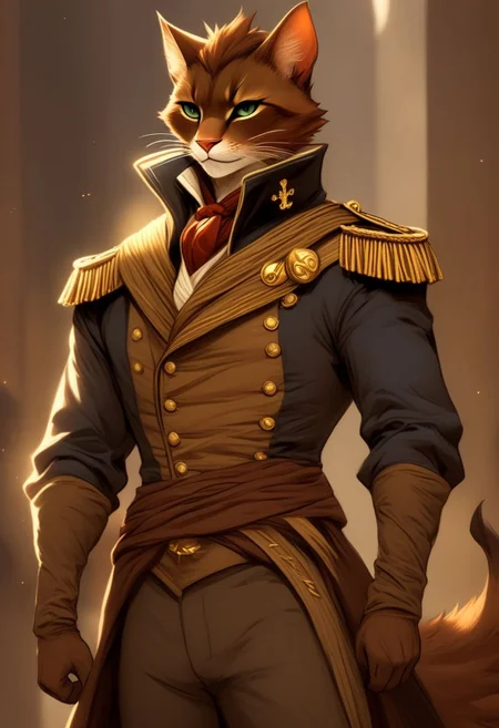 A short haired tabaxi man, sailor captain uniform, Dark brown and tan fur, Commanding, leader, confident, dancer, elegant, fit