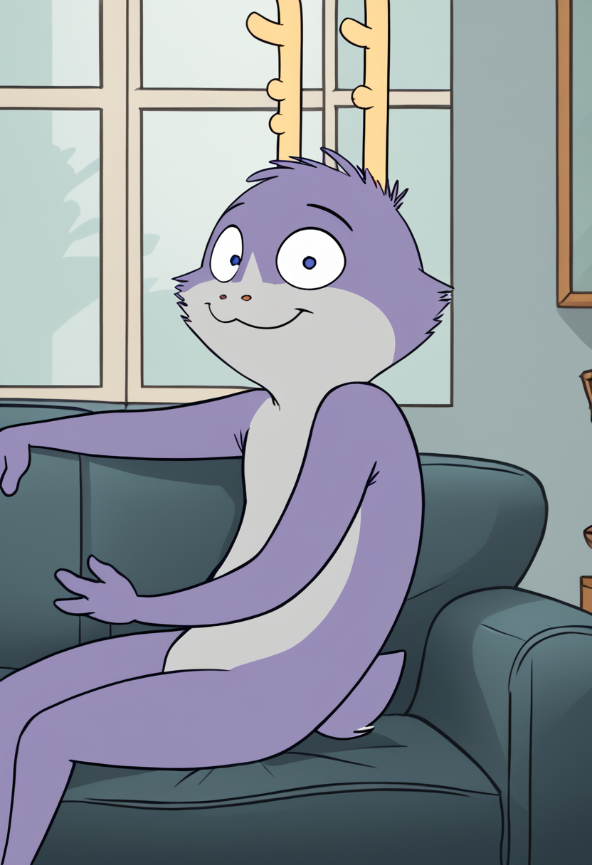 score_9, score_8_up, score_8,    <lora:Taylor_aka_Fatigue_Bedfellows_for_PonyXL:0.8> 1boy, furry male, animal ears, antlers, f4tigu3, jackalope, sitting on couch, living room, window,  smile, solo