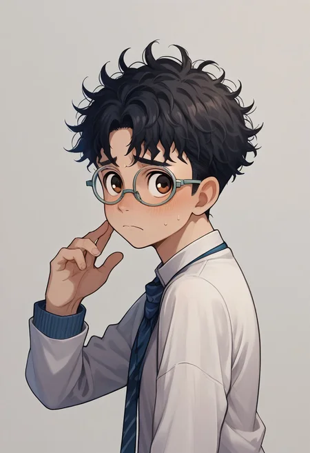 score_9, score_8_up, score_7_up, source_anime, highly detailed, young, 1boy, solo, cute boy, okarun, black hair, curly hair, brown eyes, glasses, school uniform, gakuran, back pants, shy, nervous
