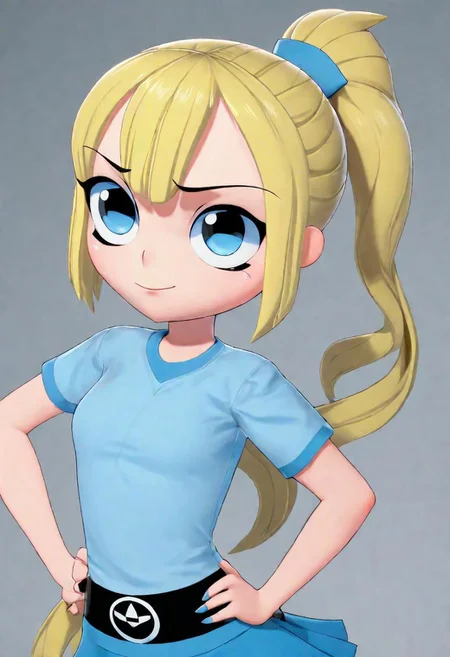 masterpiece, best quality, a girl, ppg, powerpuff girl style,blue eyes,blue shirt, long hair,blonde hair