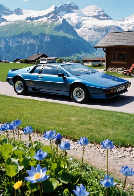 ClassicSportsCar, gleaming blue Lotus Esprit, side front view, lawn, Swiss Alps mountain village in background, sunny spring afternoon, 4K, highly detailed, stylish grainy analog 35mm film photo
