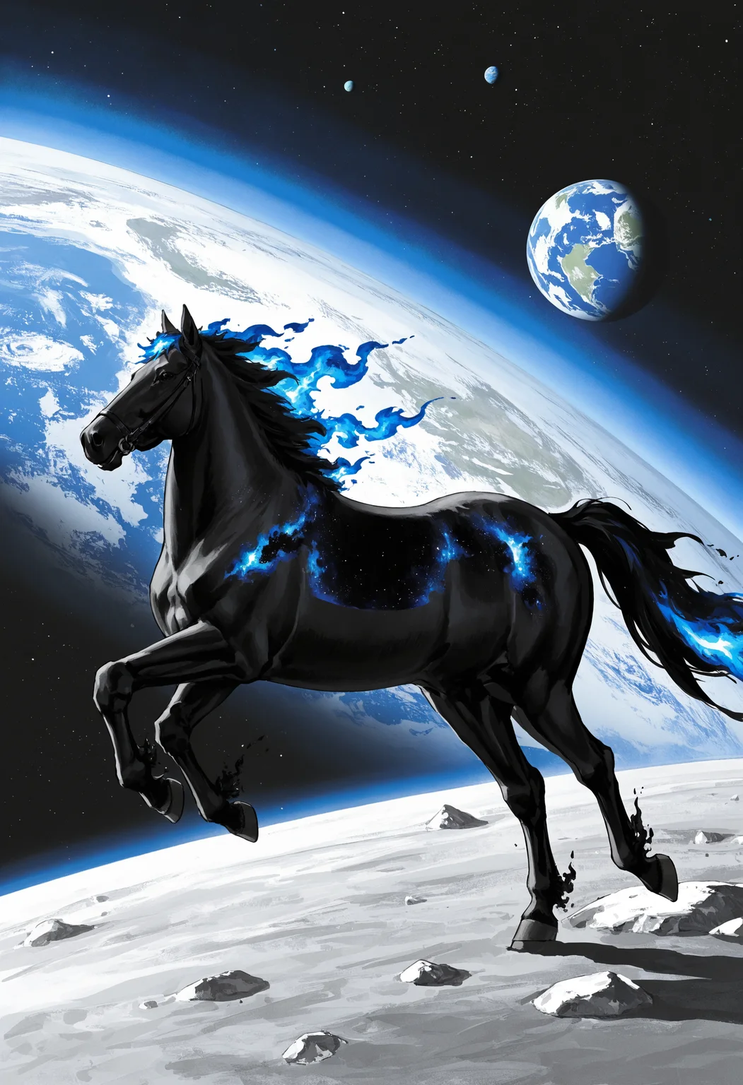 no humans, on moon, space, galaxy, earth \(planet\), black horse, (fiery hair:1.5), black fire, running, 1other, from side, close-up, dynamic pose,
<lora:Ink_wash_painting_style_v1.5:0.6>
BREAK
very awa, masterpiece, best quality, absurdres, newest, perfect quality, detailed background, intricate details,