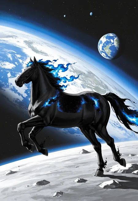 no humans, on moon, space, galaxy, earth \(planet\), black horse, (fiery hair:1.5), black fire, running, 1other, from side, close-up, dynamic pose,
<lora:Ink_wash_painting_style_v1.5:0.6>
BREAK
very awa, masterpiece, best quality, absurdres, newest, perfect quality, detailed background, intricate details,