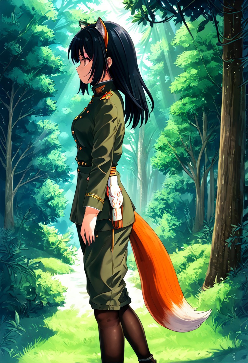 black hair, girl, black military uniform, shorts, pantyhose, outdoors, walking, fox,  wagging tail, trees, sun rays, side view
