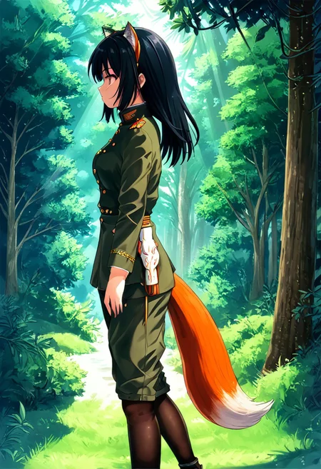black hair, girl, black military uniform, shorts, pantyhose, outdoors, walking, fox, wagging tail, trees, sun rays, side view