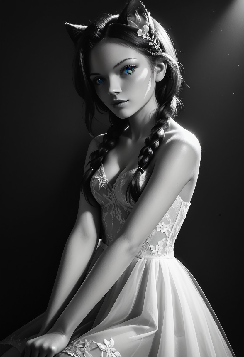 score_9, score_8_up, score_7_up, source_photo, Ultra detailed, dark theme, dim lighting, black theme, dark room, monochrome,
dark lit bedroom, low lighting, shadows, black hair, long hair, lilykat, cat ears, animal ear fluff, bangs over one eye, low twin braids, non monochrome blue eyes, colored eyes, thin eyebrows, perfect face, sexy, sexy girl, beautiful eyes, glossy lips, medium perky breasts, lace wedding dress, standing