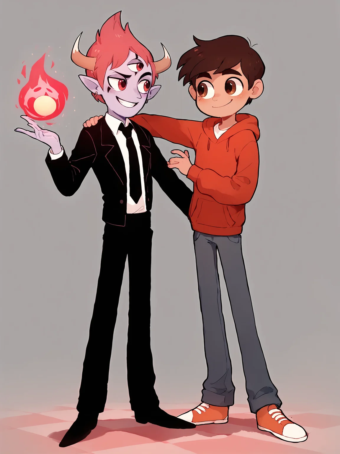score_9, score_8_up, score_7_up, score_6_up,highres <lora:tom:0.8>, 2boys dancing in the hall, dark light,looking at another, dance_floor,disco ball,
BREAK third eye, tom lucitor, horns, colored skin, pointy ears, short hair, 2boys,black suit,red necktie,flame,smile,
BREAK blush,marco diaz,2boys,red hoodie,grey jeans,mole under eye,