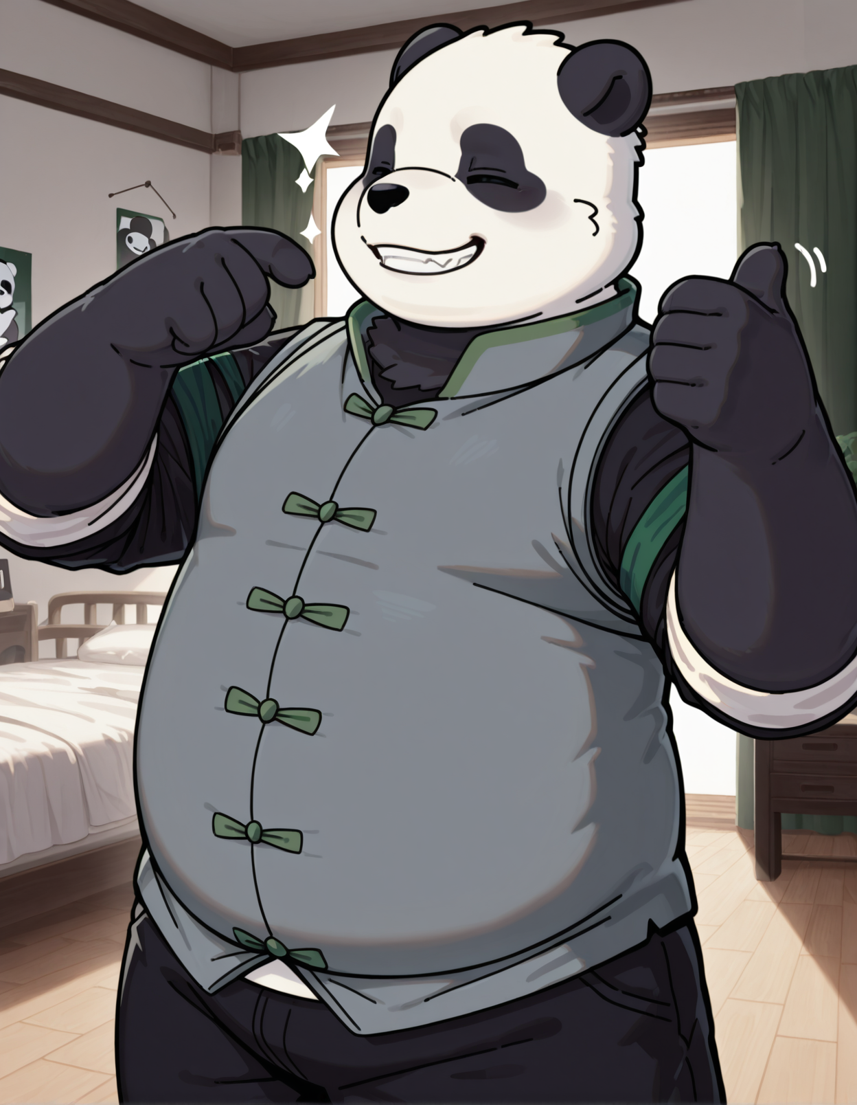 masterpiece,
thumbup, panda, anthro, solo, slightly chubby male,
grey chinese vest, black pants, black rolled up sleeves, green armbandanna,
((pointing at self)), ((thumbs up)), grin,
inside, bedroom,bed,
three-quarter portrait
<lora:ThreefoldRecital_2.11:1>
