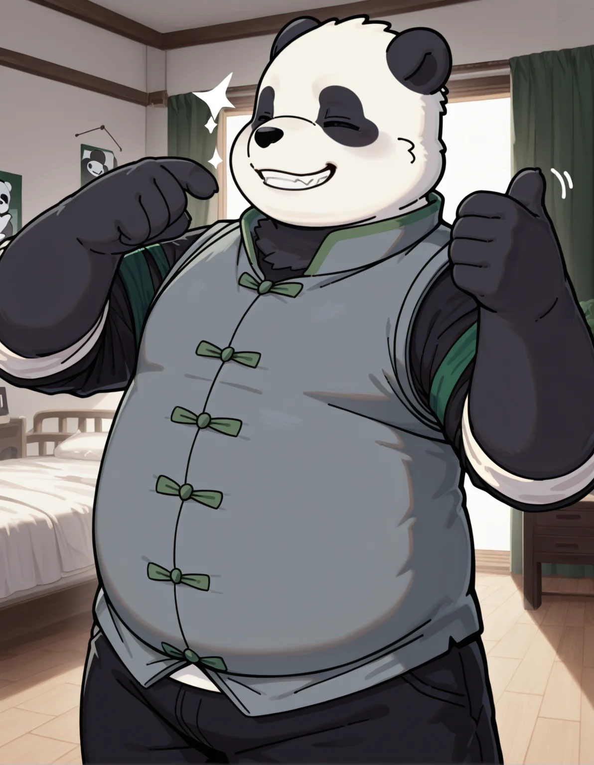 masterpiece,
thumbup, panda, anthro, solo, slightly chubby male,
grey chinese vest, black pants, black rolled up sleeves, green armbandanna,
((pointing at self)), ((thumbs up)), grin,
inside, bedroom,bed,
three-quarter portrait
<lora:ThreefoldRecital_2.11:1>