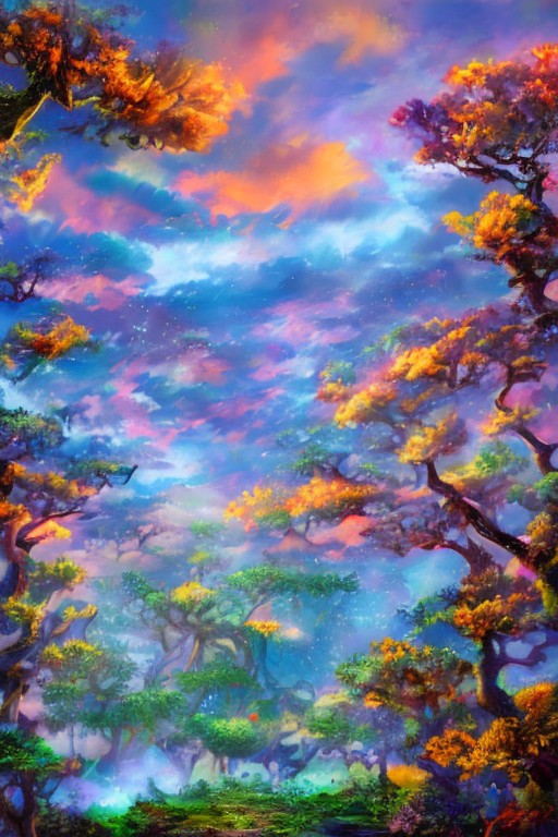 impressionism oil painting, 
fantasy forest,
an expansive ancient forest, featuring towering oaks, diverse wildlife, a variety of flora, and a feeling of grandeur,
glowwave,
dawn,
thunderstorm, and many small clouds, and slightly cloudy, FanLan,