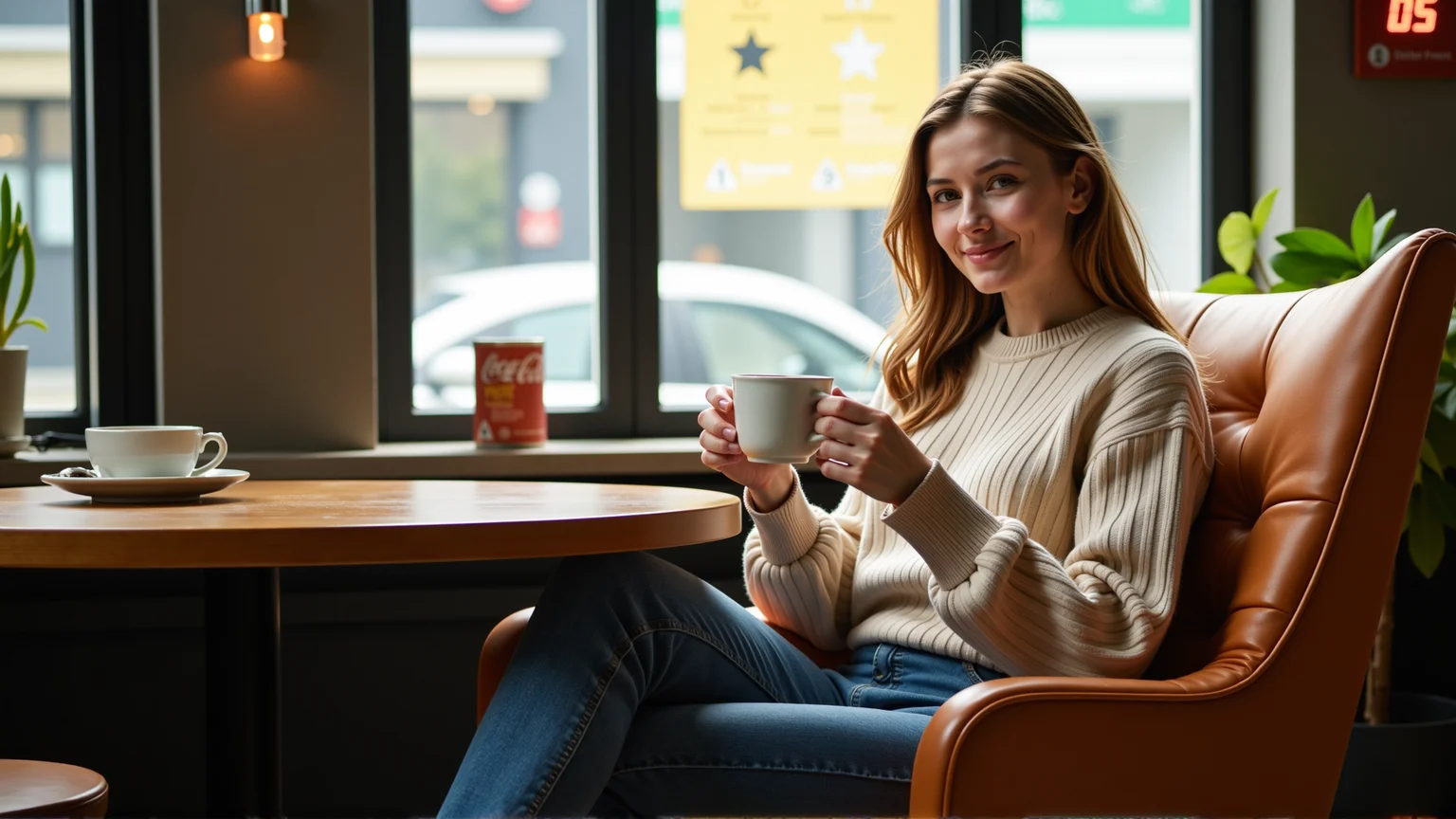 sci-fi style a slim elegant woman sitting in a cafe holding a large mug of coffee in her hands
she's looking at the viewer across a low table, she's sitting in a large comfy chair with her feet tucked up beside her
she's wearing jeans and a cropped woolen jumper with long baggy sleeves
she looks very relaxed and happy, her eyes glitter,
she has a heavy lower lip and hollow cheeks,
her eyes are an intense green colour and her long flowing hair is a brilliant auburn colour . futuristic, technological, alien worlds, space themes, advanced civilizations, score_9, score_8_up, score_7_up, hyperdetailed, hyperrealistic, best quality, (masterpiece:1.3),high-definition, intricate details, volumetric lighting, symmetrical face, level eyes,
