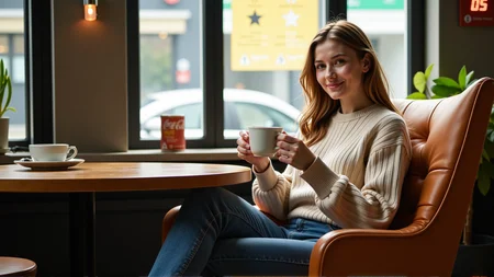 sci-fi style a slim elegant woman sitting in a cafe holding a large mug of coffee in her hands
she's looking at the viewer across a low table, she's sitting in a large comfy chair with her feet tucked up beside her
she's wearing jeans and a cropped woolen jumper with long baggy sleeves
she looks very relaxed and happy, her eyes glitter,
she has a heavy lower lip and hollow cheeks,
her eyes are an intense green colour and her long flowing hair is a brilliant auburn colour . futuristic, technological, alien worlds, space themes, advanced civilizations, score_9, score_8_up, score_7_up, hyperdetailed, hyperrealistic, best quality, (masterpiece:1.3),high-definition, intricate details, volumetric lighting, symmetrical face, level eyes,
