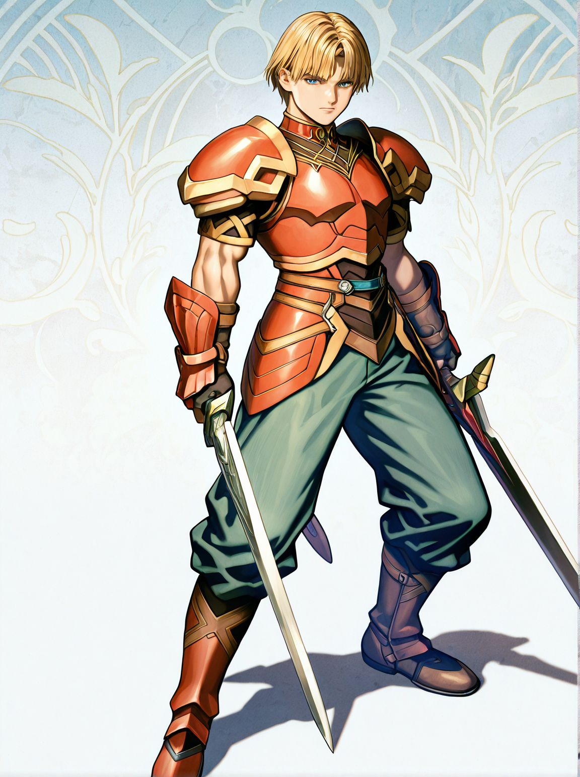 masterpiece,best quality,amazing quality,very aesthetic,absurdres,newest, huge filesize,
<lora:spo_sdxl_10ep_4k-data_lora_webui:0.5>,
<lora:add-detail-xl:1>
valkyrie profile \(series\), official art, 
<lora:Valkyrie_ProfileV1_r1:0.8>Valkyrie ProfileV1,
1man,short hair, 
 weapon, sword, 1boy, armor, male focus, blonde hair, blue eyes, boots, holding,  V_Lucien,
red armor, muscular,